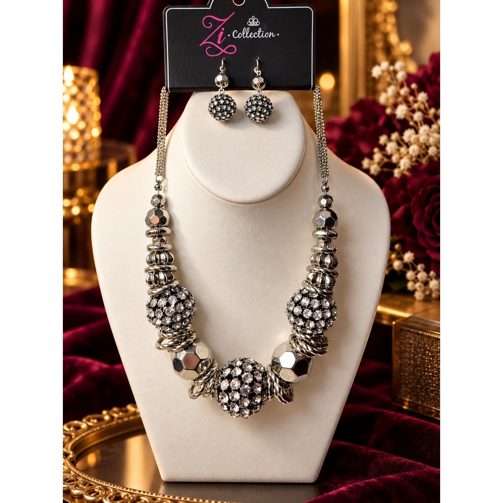 Paparazzi Zi Collection Silver Rhinestone Statement Necklace and Earring Set